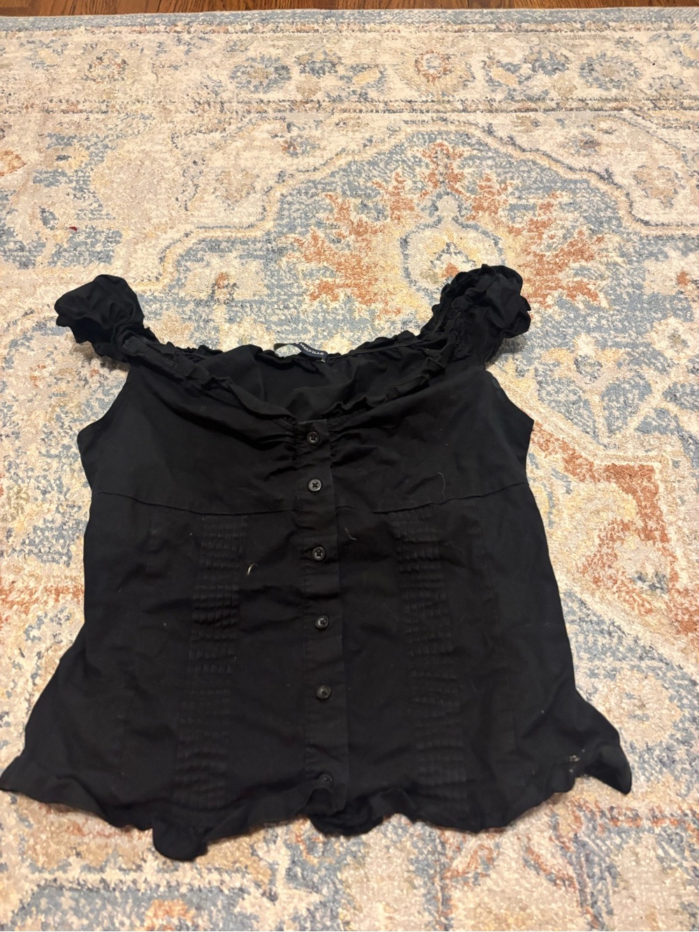 Brandy Melville Black Ruffle-Trim Button Down Top